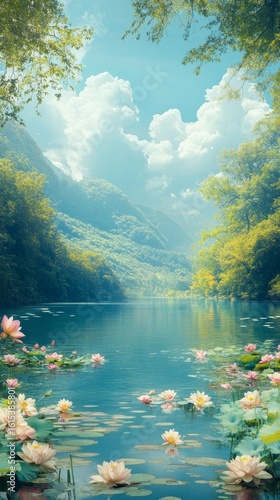 Peaceful Lake with Water Lilies and Forest Scenery