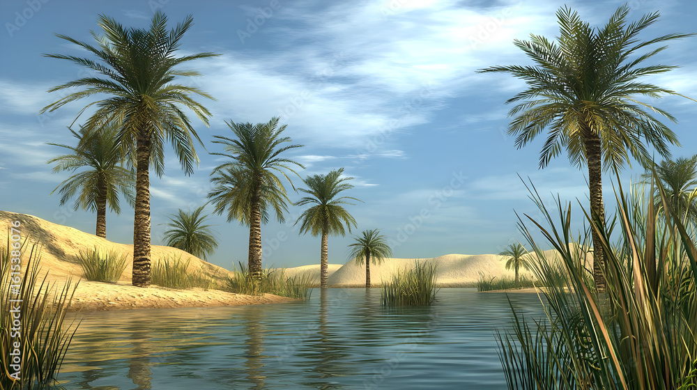 Fototapeta premium Oasis scene with palm trees by a tranquil water source. Sandy terrain, clear water, bright sky, and lush vegetation