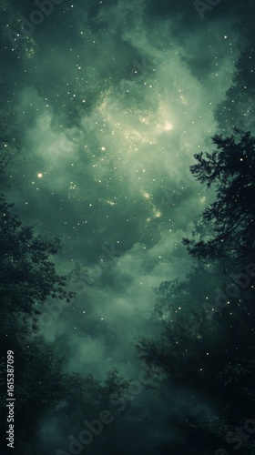 Night Sky with Stars and Clouds Over Forest Trees