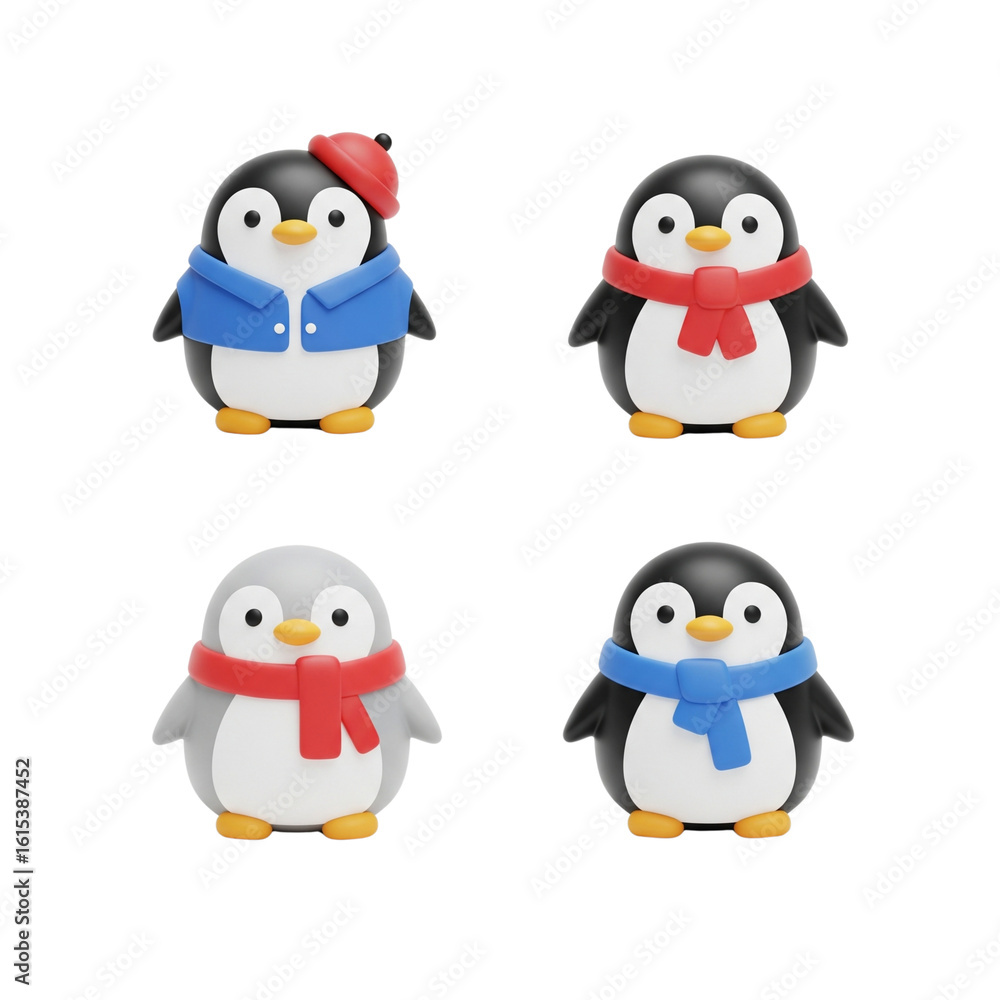Fototapeta premium Four adorable cartoon penguins dressed for winter