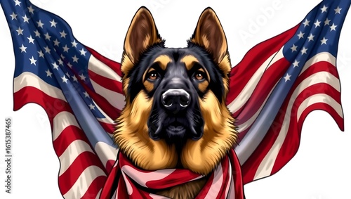 German shepherd dog with american flag draped behind and around its neck on a white background | national dog day