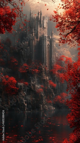 Castle on Cliffside with Red Foliage Overlooking Water