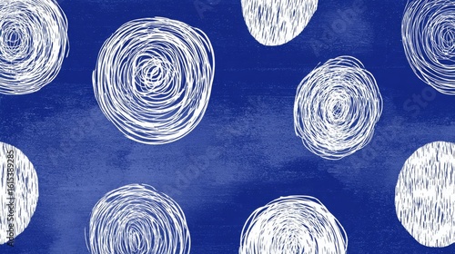 Seamless abstract pattern with white scribbles and playful paint swirl textures on a vibrant blue background, perfect for modern design, wrapping paper, textile prints, and artistic creative projects