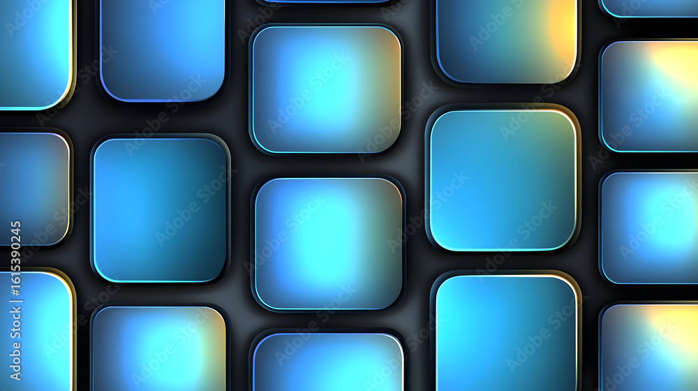 A graphic design of many squares in shades of blue, with dark gray borders and a glowing effect, creating a futuristic, button-like appearance A graphic design of many squares in shades of blue, with dark gray borders and a glowing effect, creating a futuristic, button-like appearance