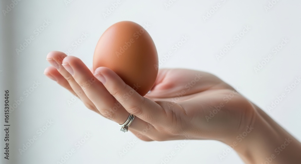 Hand holding a single brown chicken egg Hand holding a single brown chicken egg