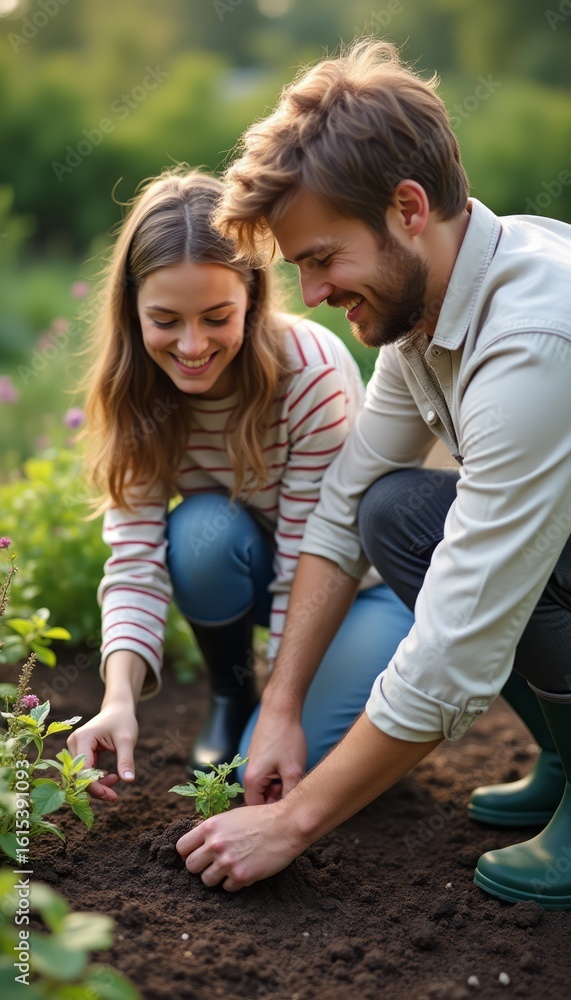 Couple planting flowers in a vibrant garden Couple planting flowers in a vibrant garden