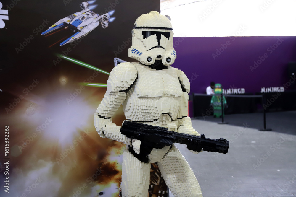 Fototapeta premium Statue of a Stormtrooper soldier from the Star Wars movie created with Lego blocks displayed at an event