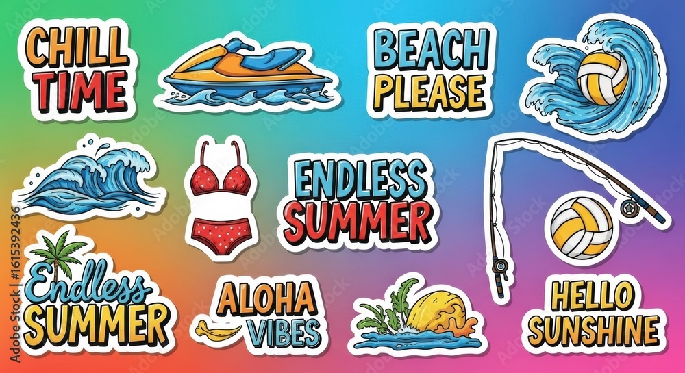 Fototapeta premium Playful summer sticker collection representing beach vacations and carefree activities on a