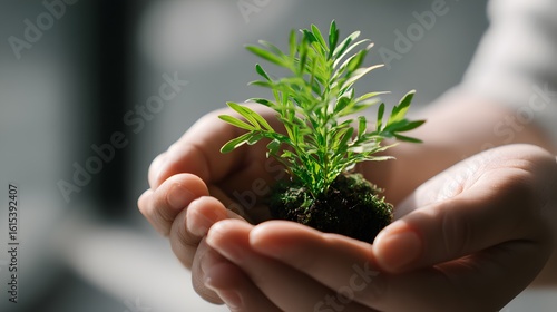 Close up of human hands gently cradling a vibrant green seedling with dark soil