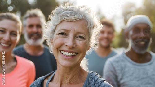 Happy senior woman with grey hair smiling brightly alongside diverse group outdoors