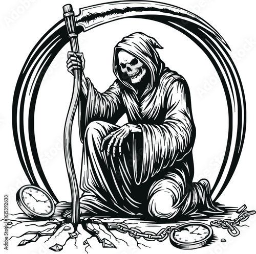 The Grim Reaper kneels with a scythe, surrounded by broken clocks, chains, and a circular frame.