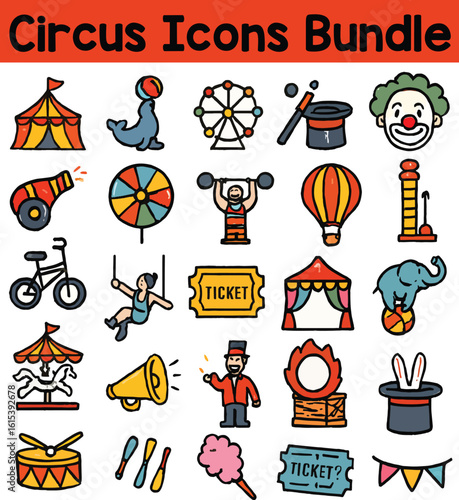 Set of Colorful Circus icons. Doodle style icon vector bundle.eps