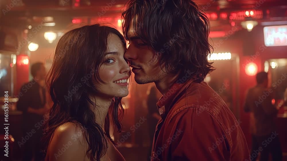 Romantic Couple in a Bar, Embracing, Love, and Connection in a dimly lit, warm atmosphere. Romantic Couple in a Bar, Embracing, Love, and Connection in a dimly lit, warm atmosphere.