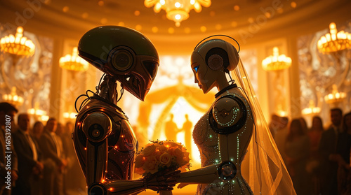 surreal illustration of an alien groom and a human bride at a fantasy wedding ceremony.