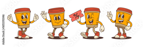 Orange coffee cup mascots display enthusiastic thumbs-up, friendly waves, and playful smiles. One holds a discount ticket, ideal for promotions, branding, or marketing campaigns. Vector illustration.