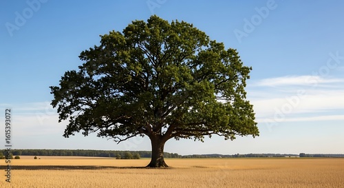 Fototapeta Naklejka Na Ścianę i Meble -  Majestic oak tree standing in a golden wheat field under a clear blue sky on summer day