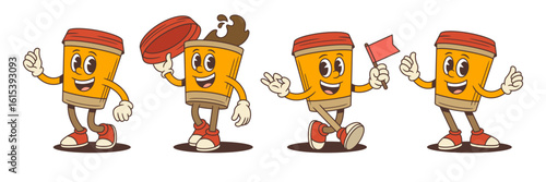 Cartoon coffee cup mascots in expressive poses featuring splash, flags, and cheerful thumbs-up gestures. Ideal for branding, marketing, or cafe promotions seeking fun, energetic character appeal
