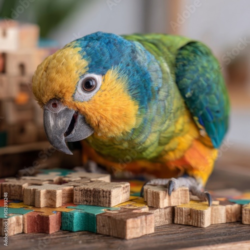 Parrot Engaged in Play with Colorful Puzzle Toy in a Bright Environment