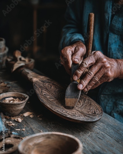 Handcrafted Wooden Spoon Carving Process with Intricate Design and Artisan Hands in Workshop Setting
