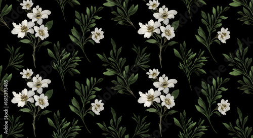 Elegant floral pattern with white blossoms and dark green leaves on a black background