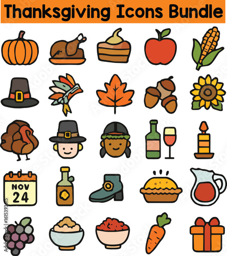 Set of Colorful thanksgiving icons. Doodle style icon vector bundle.eps