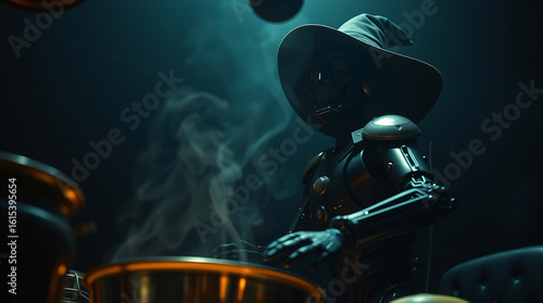 Futuristic robot character with a red cloak in a dark and dramatic setting.