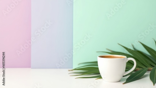 Wallpaper Mural White coffee cup with a tropical leaf backdrop. Torontodigital.ca