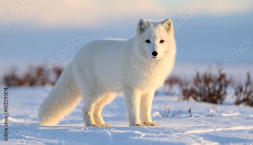 Vibrant Arctic Fox in Pristine Winter Tundra bathed in Golden Sunlight