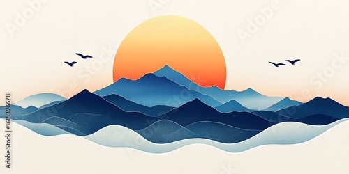 
Abstract art landscape mountain with birds and sunrise sunset by blue line art texture isolated on white beige earth tone background. Minimal luxury style for wallpaper, wall art decoration

