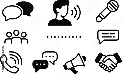 Set of Black and White Icons for Communication and Business