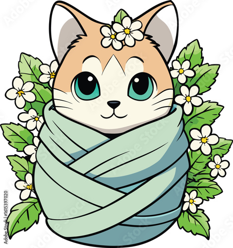 Cute cartoon cat illustration with a funny kitten playing with a flower