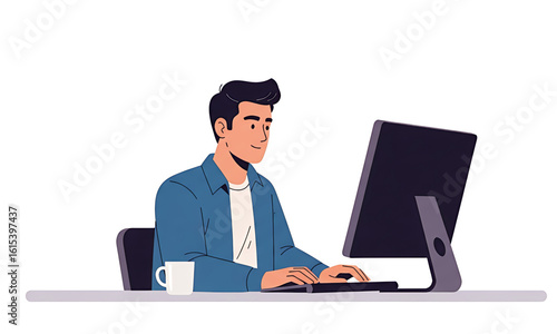 Young Man Working on Computer at Home Office Desk in Modern Environment