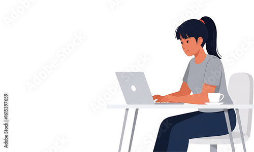 Focused woman working on a laptop computer at a desk. Remote work and freelance concept.