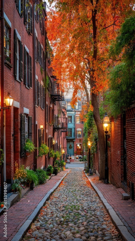Fototapeta premium A quaint street lined with maple trees in full autumn color