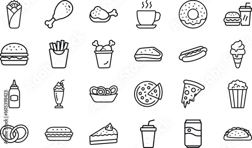 Fast Food Line Icons – Burgers, Pizza, Fries, Drinks, Desserts – Vector Set for Menus & Mobile Apps