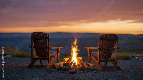 Two wooden chairs facing a campfire with a sunset in the background on a rocky surface outdoors