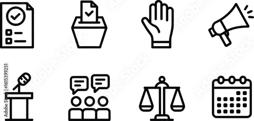 Election and legal process icons in a grid format voting