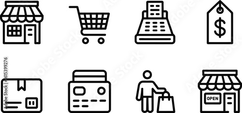 Shopping and retail icons in a grid format store storefront