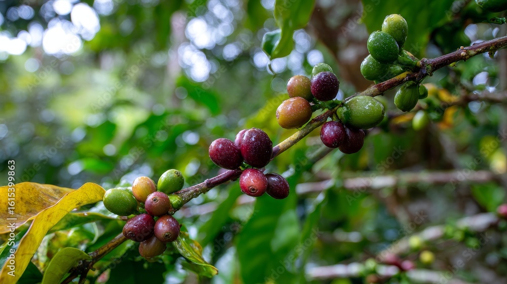 Close-up of Catimor Arabica coffee variety growing on a branch with both red green coffee cherries in a tropical plantation, illustrating different ripening stages and sustainable quality production Close-up of Catimor Arabica coffee variety growing on a branch with both red green coffee cherries in a tropical plantation, illustrating different ripening stages and sustainable quality production