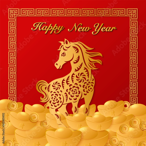 Happy Chinese New Year golden horse paper cut art and ingot squre spiral frame
