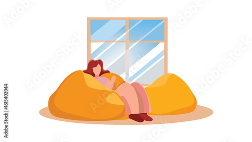 A woman relaxing on a yellow beanbag chair near a window in a cozy and comfortable setting indoors
