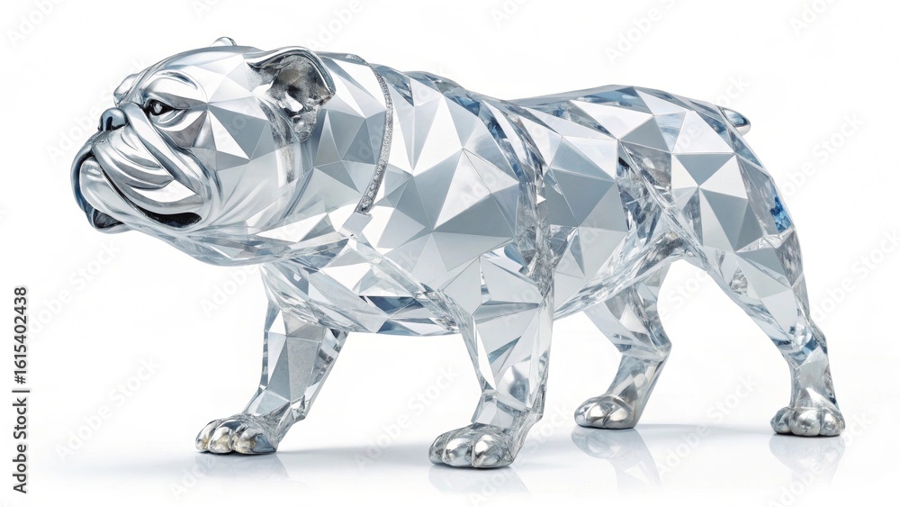 Fototapeta premium A crystalline bulldog figurine standing on a white surface with a geometric design all over its body