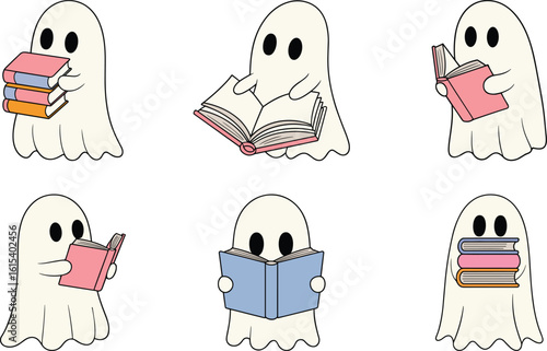 Cute Ghosts Reading Books Halloween Spooky Booklover Halloween Book Ghost Vector