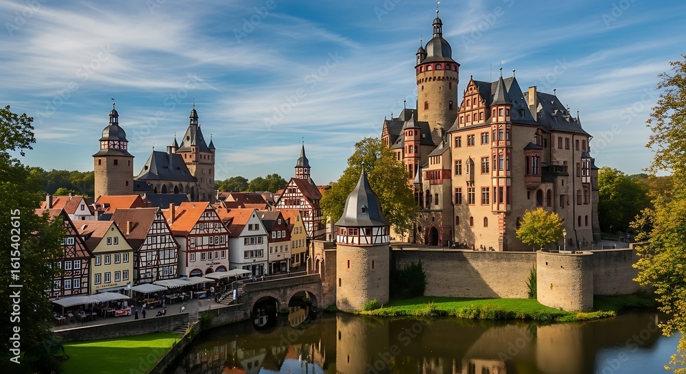 Fototapeta premium Romantic view of B?dingen Castle and medieval architecture in Hessen Germany