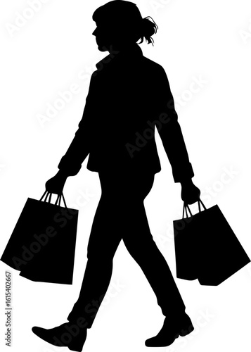 Silhouette of person walking with shopping bags in casual stylish clothing