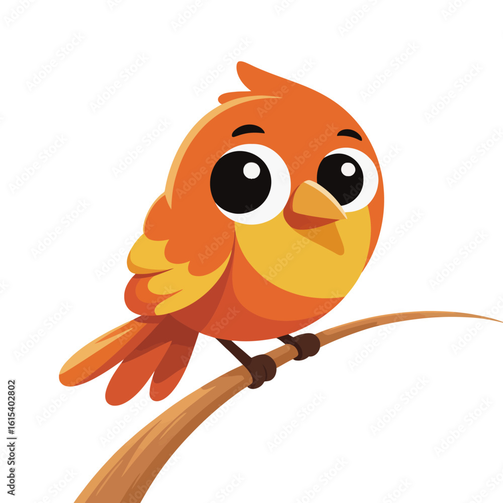 Fototapeta premium Cute cartoon orange bird sitting on a branch isolated on white background