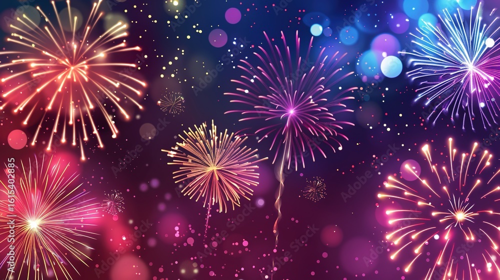 Naklejka premium Vibrant Fireworks Backgrounds for New Year Celebrations, Party Invitations, Countdown Events and Festive Marketing Campaigns