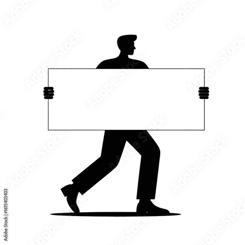 Silhouette of a man holding a blank sign isolated on white background