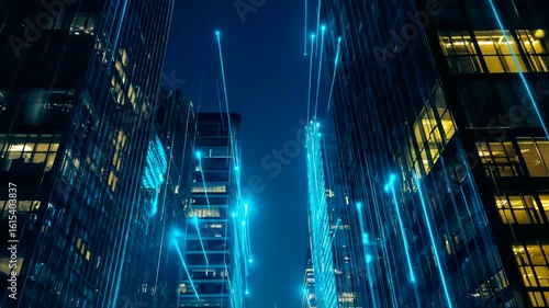 Futuristic Cityscape with Data Streams Visualizing High-Speed Network Connectivity