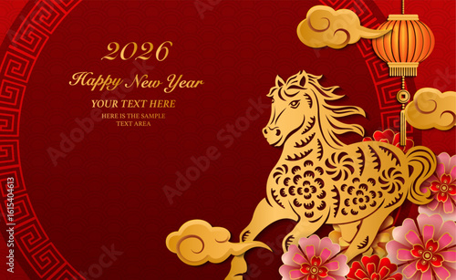 Happy Chinese new year gold relief horse flower lantern cloud and round lattice tracery frame.